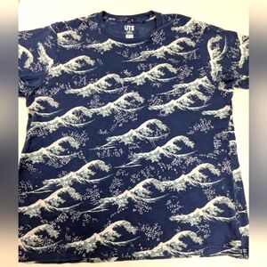 Uniqlo X Hokusai Shirt Blue The Great Wave Graphic Short Sleeve Top XL